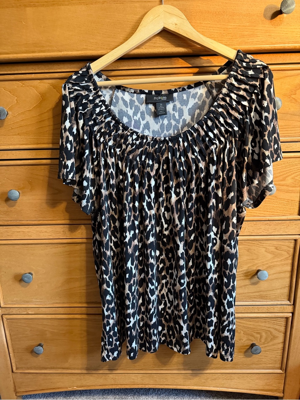 Style & Co Womens Leopard Print Blouse Size 2X Gathered Scoop Neck Retro Y2K